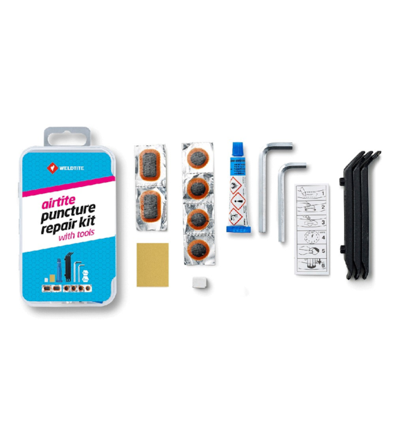 Zestaw łatek do dętek WELDTITE Airtite Puncture Repair Kit with Tools (6x Łatka + Klej + Papier ścierny + Kreda + Kredka + 3x Łyżka + Klucz 5mm/6mm), Pudełko 10szt. (NEW).