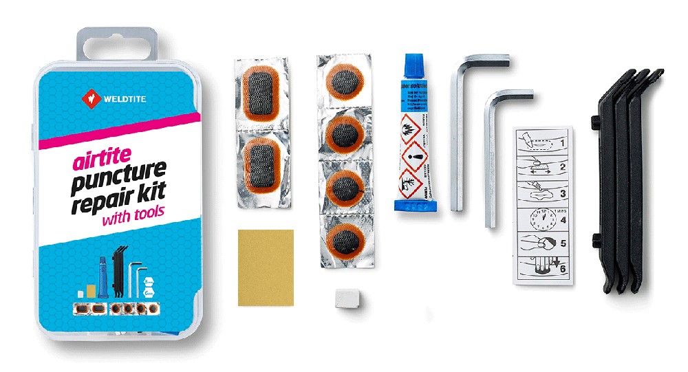 Zestaw łatek do dętek WELDTITE Airtite Puncture Repair Kit with Tools (6x Łatka + Klej + Papier ścierny + Kreda + Kredka + 3x Łyżka + Klucz 5mm/6mm), Pudełko 10szt. (NEW).
