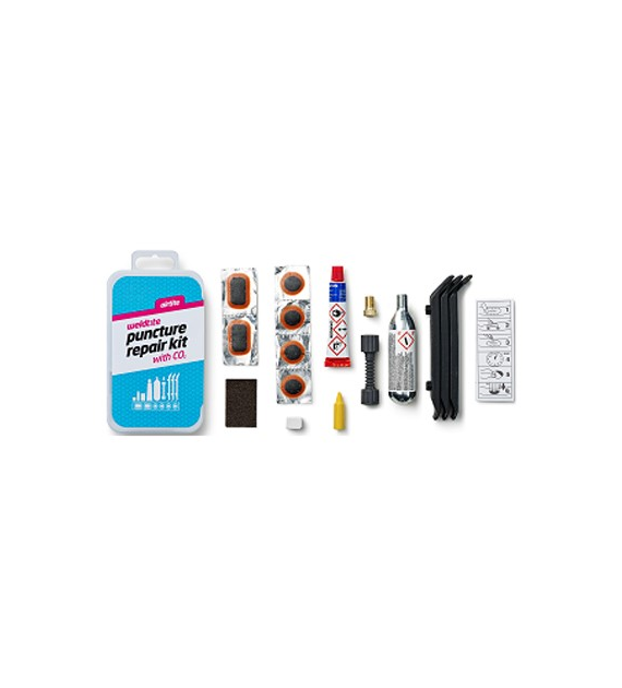 Zestaw łatek do dętek WELDTITE Airtite Puncture Kit with CO2 (6x Łatka + Klej + Papier ścierny + Kreda + Kredka + 3x Łyżka + Nabój CO2 + Adapter zaworu) (NEW).