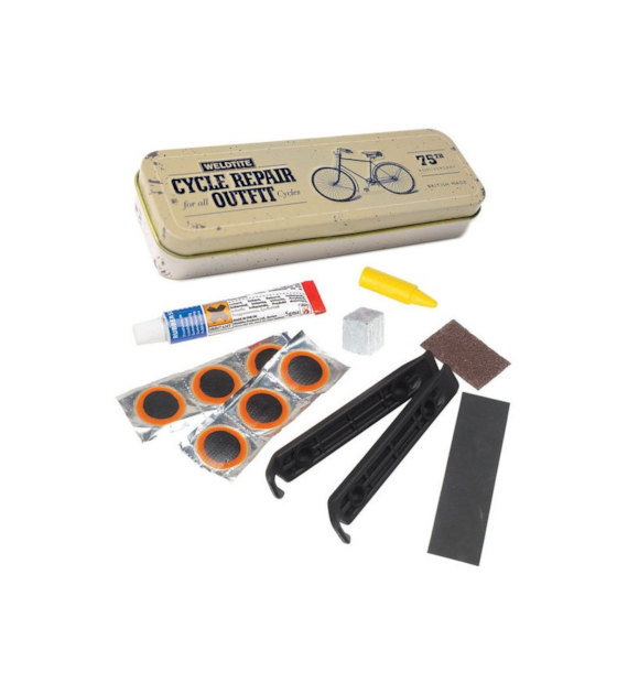 Zestaw łatek do dętek WELDTITE Vintage Cycle Repair Tin (Metalowe pudełko + 6x Łatka + Klej + Kreda + Kredka + 2x Papier ścierny + 2x Łyżka), Metalowe pudełko (NEW)