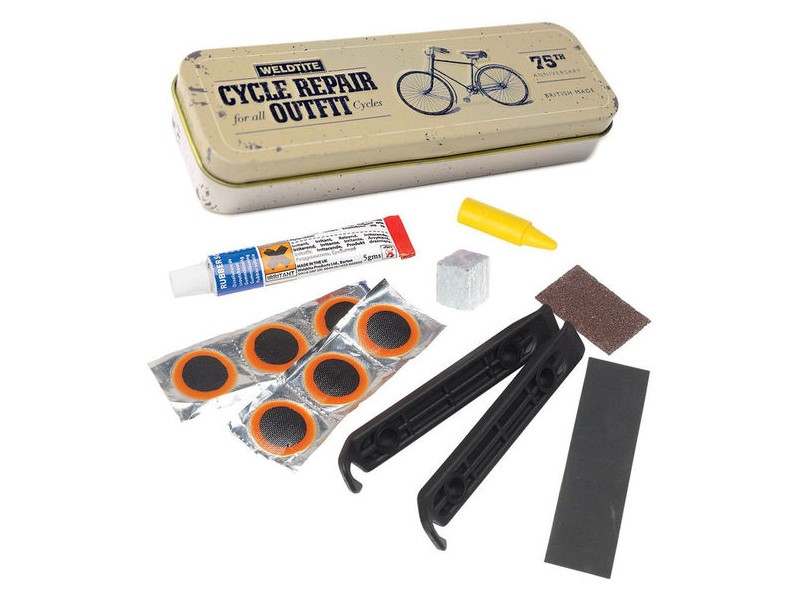 Zestaw łatek do dętek WELDTITE Vintage Cycle Repair Tin (Metalowe pudełko + 6x Łatka + Klej + Kreda + Kredka + 2x Papier ścierny + 2x Łyżka), Metalowe pudełko (NEW)