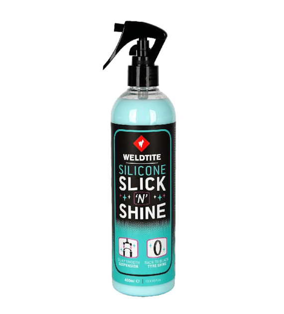 Nabłyszczacz ochronny WELDTITE SILICONE SLICK 'N' SHINE 400 ml, Do opon, goleni amortyzatorów i amortyzowanych sztyc (NEW)