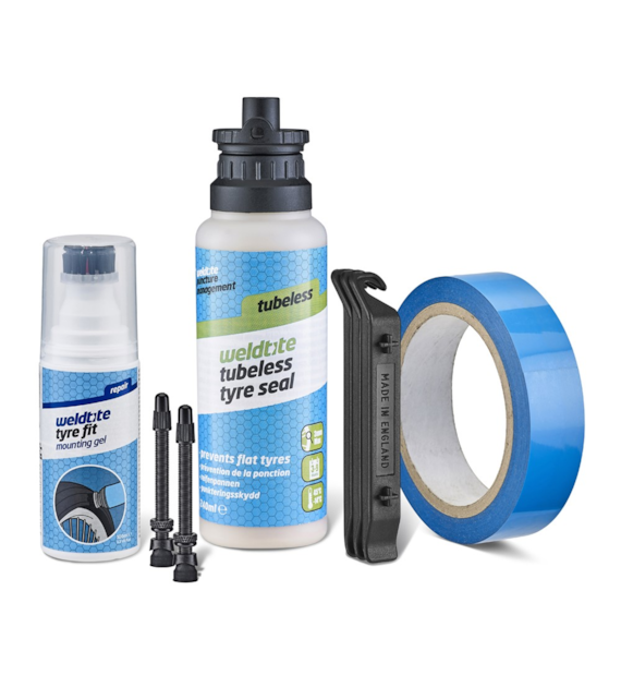Zestaw WELDTITE Complete Tubeless Conversion Sytstem MTB (Mleczko + Taśma + 3x Łyżka + Żel montażowy + 2x Zawór 55mm Presta)