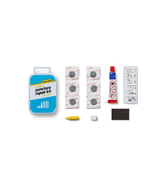 Zestaw łatek do wąskich dętek WELDTITE Cure-C-Cure Puncture Repair Kit For Race (6x Łatka + Klej + Papier ścierny + Kreda + Kredka), Pudełko 12szt. (NEW).