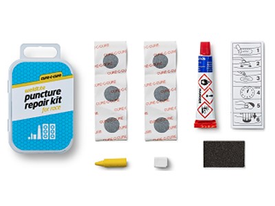 Zestaw łatek do wąskich dętek WELDTITE Cure-C-Cure Puncture Repair Kit For Race (6x Łatka + Klej + Papier ścierny + Kreda + Kredka), Pudełko 12szt. (NEW).