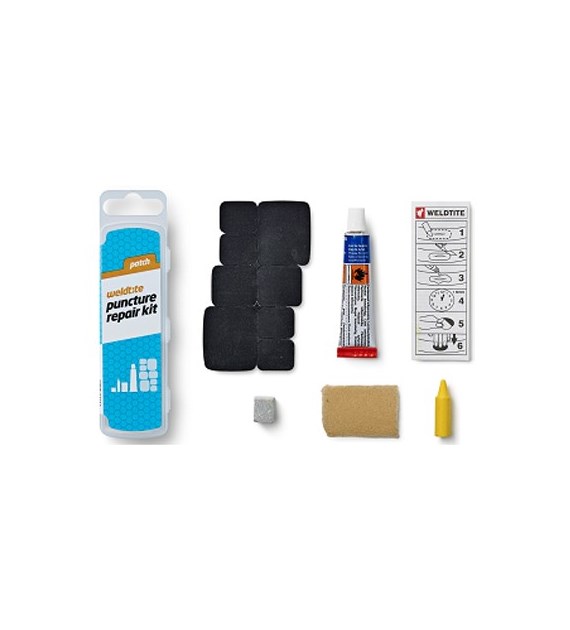 Zestaw łatek do dętek WELDTITE Patch Puncture Repair Kit (8x Łatka + Klej + Papier ścierny + Kreda + Kredka), Pudełko 25szt. (DWZ)