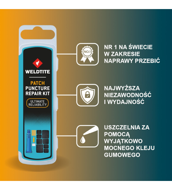 Zestaw łatek do dętek WELDTITE Patch Puncture Repair Kit (8x Łatka + Klej + Papier ścierny + Kreda + Kredka), Pudełko 25szt. (NEW).