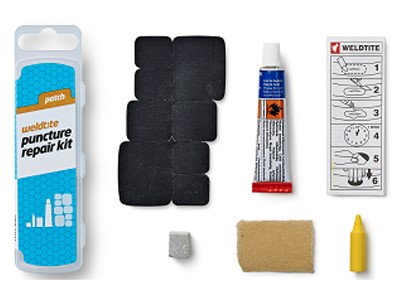 Zestaw łatek do dętek WELDTITE Patch Puncture Repair Kit (8x Łatka + Klej + Papier ścierny + Kreda + Kredka), Pudełko 25szt. (DWZ)